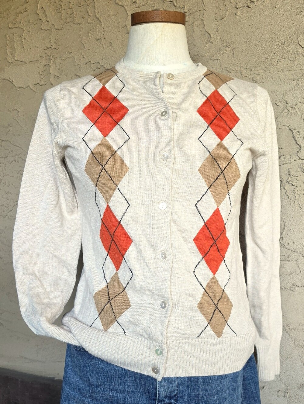 Lands' End Cream Cardigan with Orange & Tan Argyle
